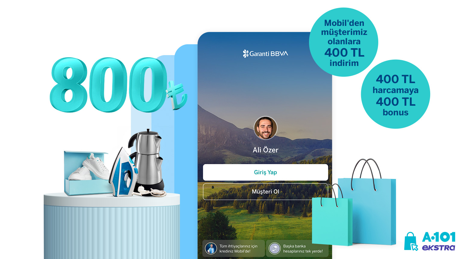 Garanti BBVA Mobil’den müşterimiz olun, A101 Ekstra’dan 400 TL indirim kazanın! Üstelik, Bonus ile 400 TL ve üzeri A101 Ekstra harcamanıza 400 TL bonus fırsatından yararlanın!