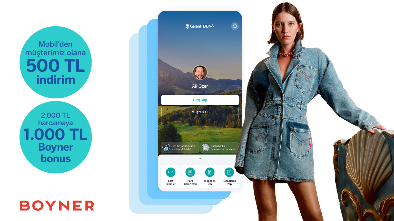 Boyner’de 1.500 TL’ye varan fırsat! BOYNER25 kodu ile Garanti BBVA Mobil’den müşterimiz olun, Boyner’den 500 TL indirim kazanın! Üstelik Bonus ile 2.000 TL Boyner harcamanıza 1.000 TL Boyner Bonus fırsatından yararlanın!