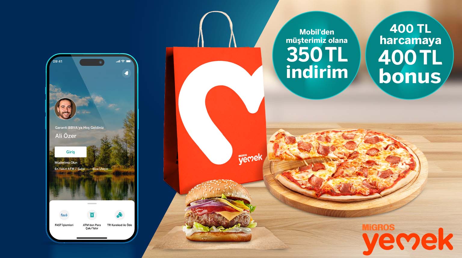 Migros Yemek’te 750 TL’ye varan fırsat! YEMEKM24 kodu ile Garanti BBVA Mobil’den müşterimiz olun, Migros Yemek’ten 350 TL indirim kazanın! Üstelik Bonus ile 400 TL harcamanıza 400 TL bonus fırsatından yararlanın!