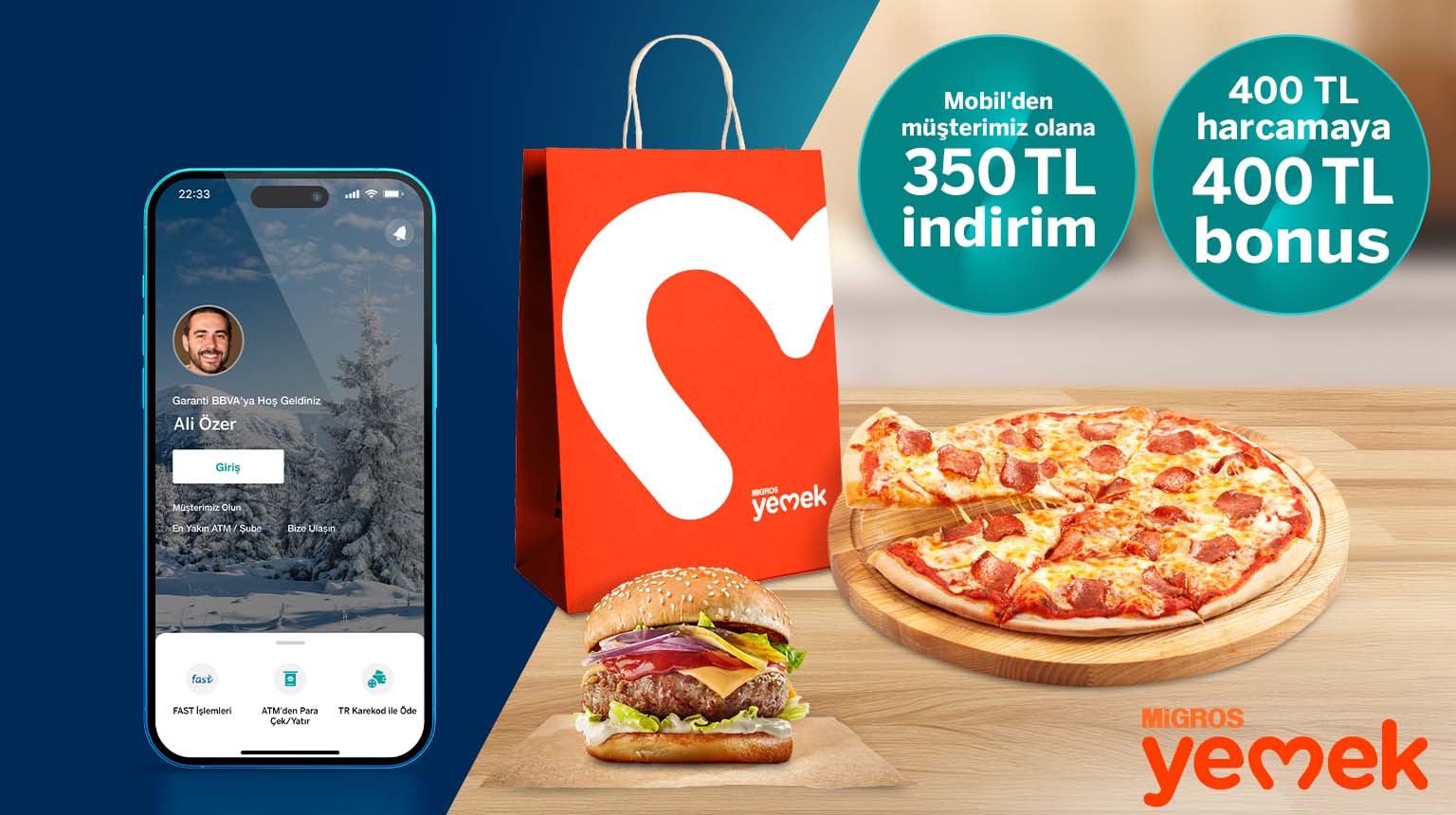 Migros Yemek’te 750 TL’ye varan fırsat! YEMEKM25 kodu ile Garanti BBVA Mobil’den müşterimiz olun, Migros Yemek’ten 350 TL indirim kazanın! Üstelik Bonus ile 400 TL harcamanıza 400 TL bonus fırsatından yararlanın!