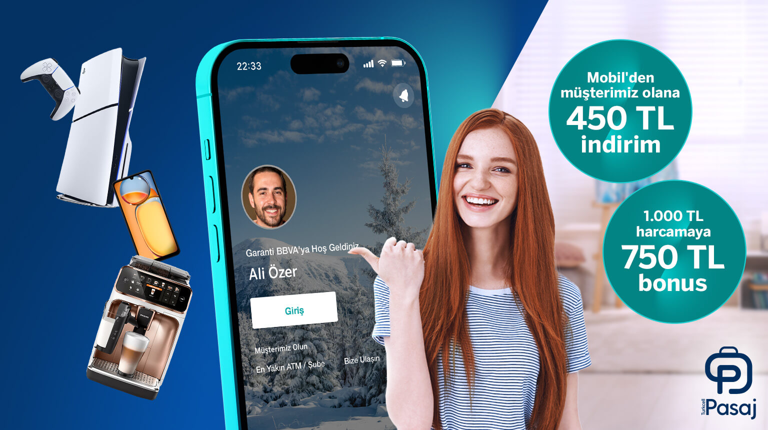 Turkcell Pasaj web sitesi ve mobil uygulamasında 1200 TL’ye varan fırsat!  Garanti BBVA Mobil’den müşterimiz olun, Turkcell Pasaj’ta 450 TL indirim kazanın! Üstelik, Bonus ile 1000 TL Turkcell Pasaj harcamanıza 750 TL bonus fırsatından yararlanın!